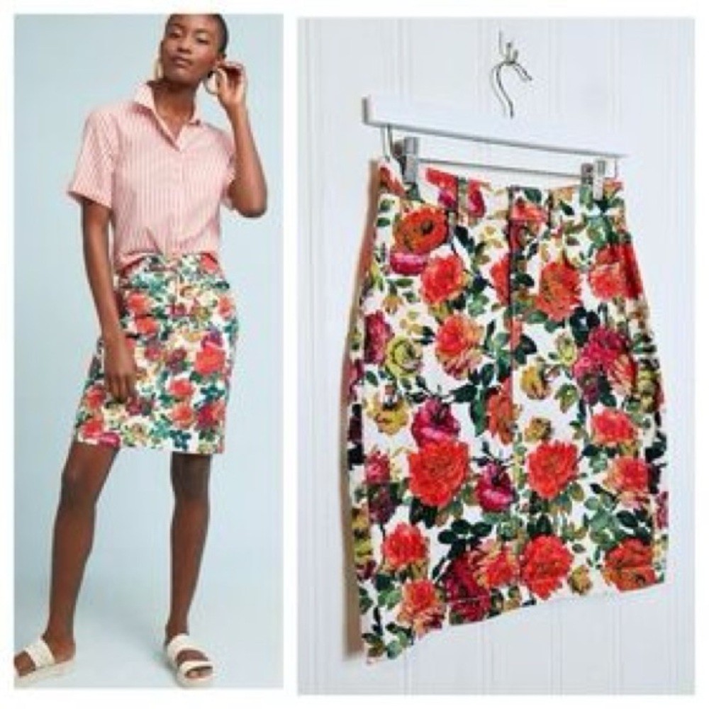 Anthropologie Maeve  Red and Green A-Line Skirt Knee-Length Cocktail 8